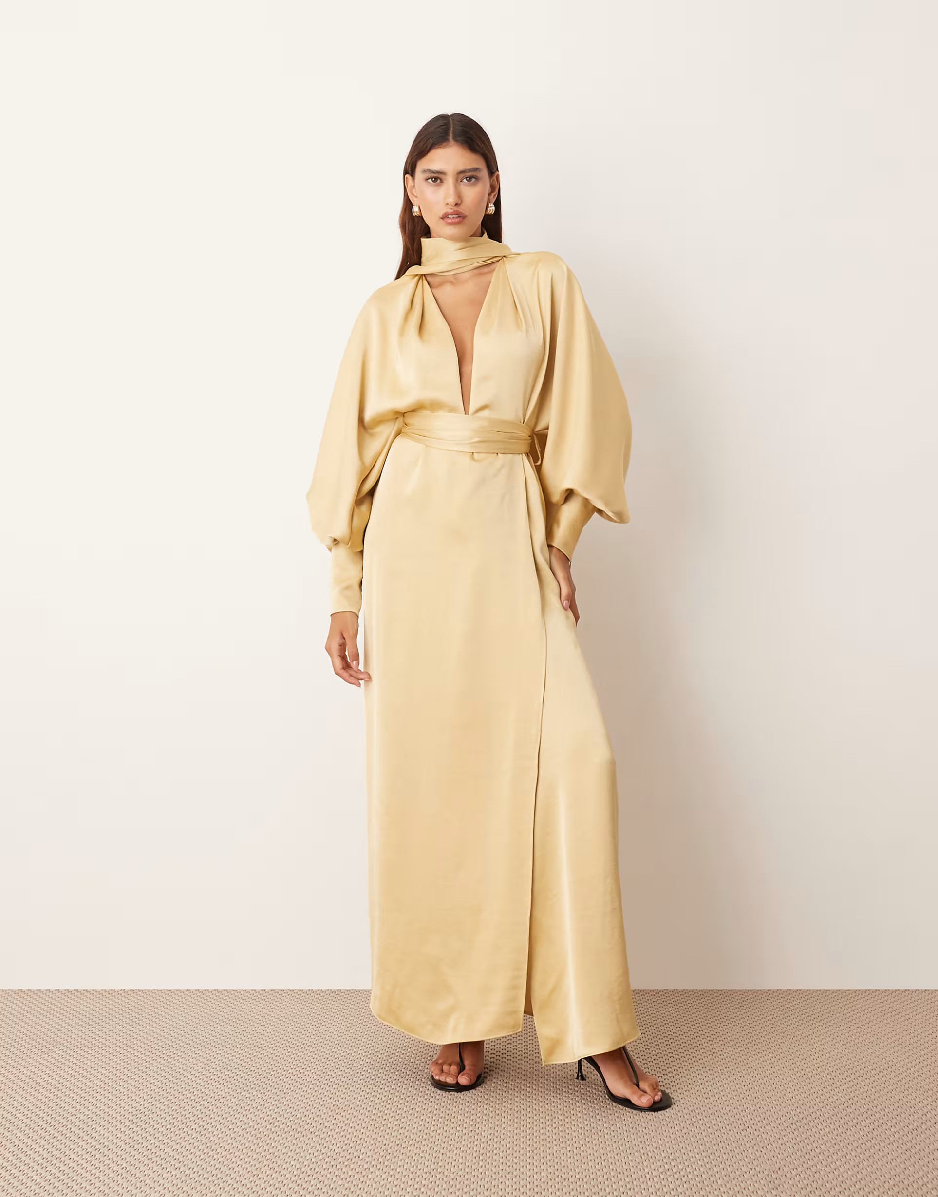 ARRANGE scarf neck blouson sleeve column maxi wrap dress in gold | ASOS (Global)