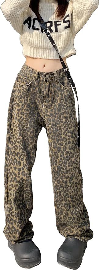 Unisex’s Goth Straight Wide Leg Jeans Hip-HOP Leopard Print Casual Loose Beggy Vintage Oversize... | Amazon (US)