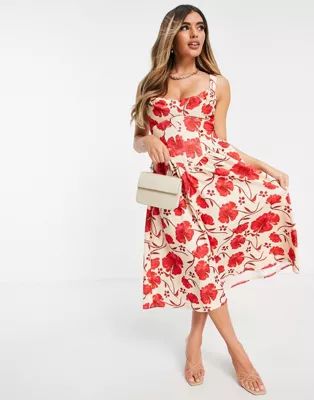 ASOS DESIGN cowl neck with corsetted waist skater midi dress in floral print | ASOS (Global)