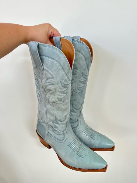 the most perfect light blue cowboy boots for spring and summer! these work for my wide calf and tecovas is now offering boot stretching!! I do my true size 10.5 and they are perfect for my wide feet too. Most comfortable cowboy boots I’ve worn, even right out of the box! 

#LTKFestival #LTKshoecrush
