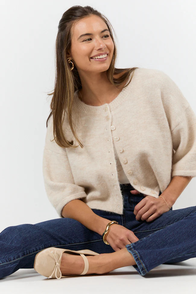 Loving Myself Beige Short Sleeve Crop Cardigan SALE | Pink Lily