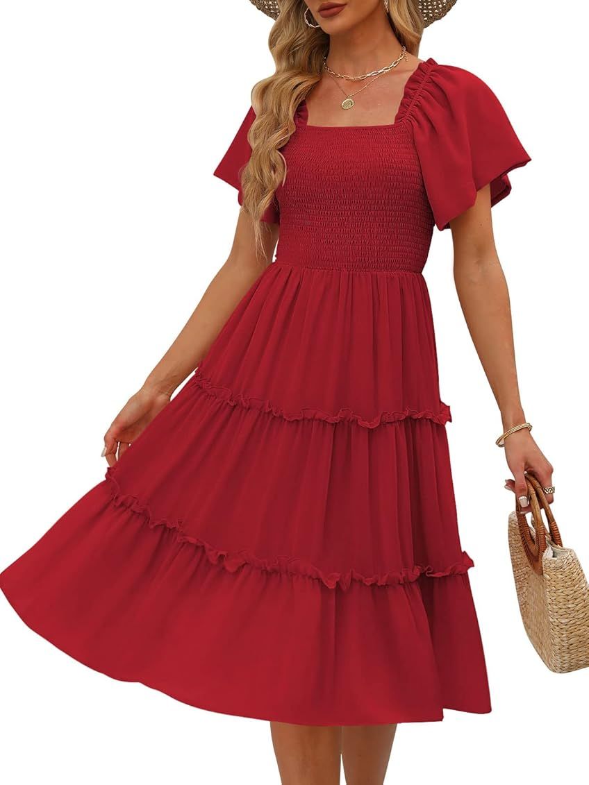LILLUSORY Women's Summer Casual Flowy Flutter Sleeve Square Neck Smocked Tiered Midi Dress | Amazon (US)