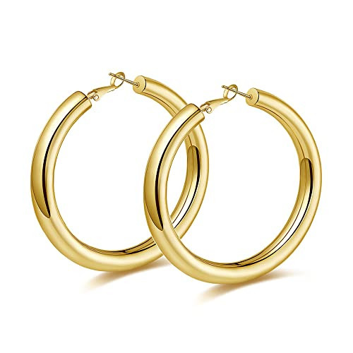 wowshow Gold Hoop Earrings for Women Chunky Hoops 14K Gold Plated Thick Hollow Tube Lightweight Earrings for Mother Birthday Gifts 50MM | Amazon (US)
