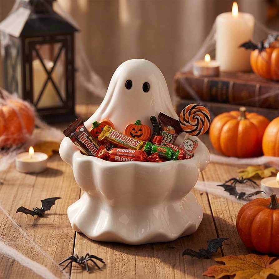 Meanplan Halloween Ghost Candy Bowl White Ceramic Ghost Candy Dish Spooky Serving Tray Cute Candl... | Amazon (US)