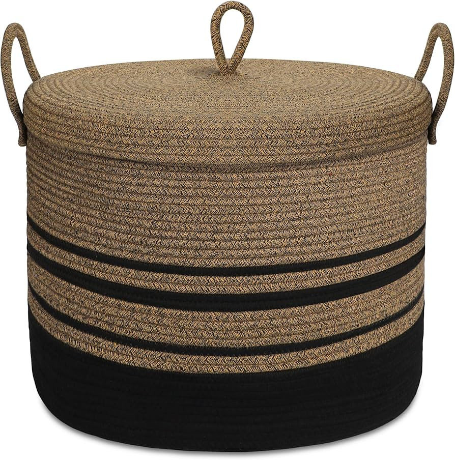 LOVSTORAGE 20.5"x14.5" Large Rope Blanket Basket with Lid, Woven Storage Basket Baby Laundry Bask... | Amazon (US)