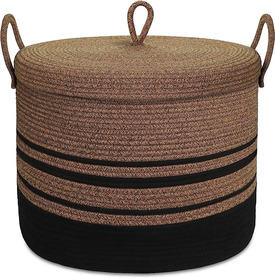 LOVSTORAGE 20.5"x14.5" Large Rope Blanket Basket with Lid, Woven Storage Basket Baby Laundry Bask... | Amazon (US)