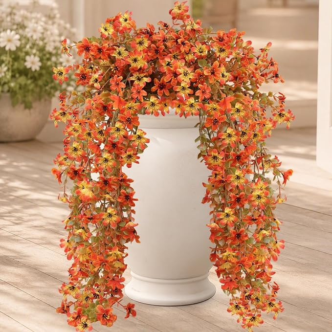 2pcs Artificial Fall Hanging Flowers for Outdoors, UV-Resistant Faux Autumn Mums for Outdoor Plan... | Amazon (US)