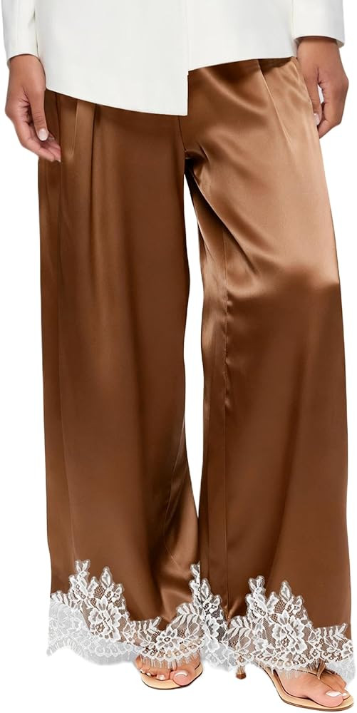 Women Satin Silk Lace Trim Pants Y2k Elastic Waist Wide Leg Pj Lounge Boxer Bottoms Trendy Causal... | Amazon (US)
