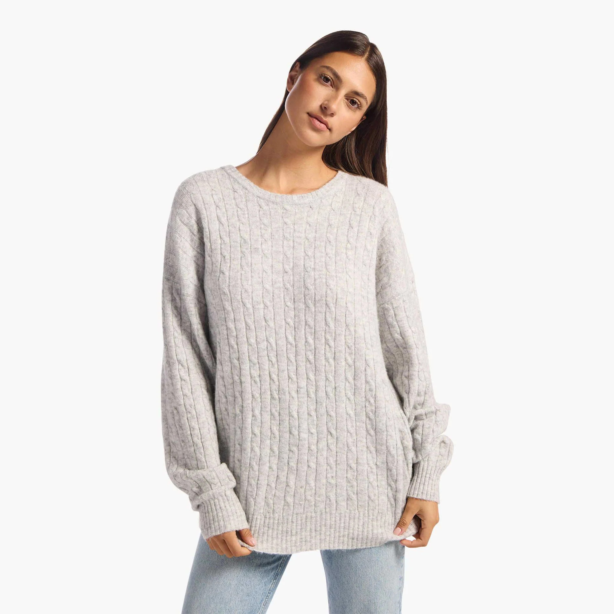 Cozy Knit Cable Crewneck Sweater | Heather Grey | Nuuds US