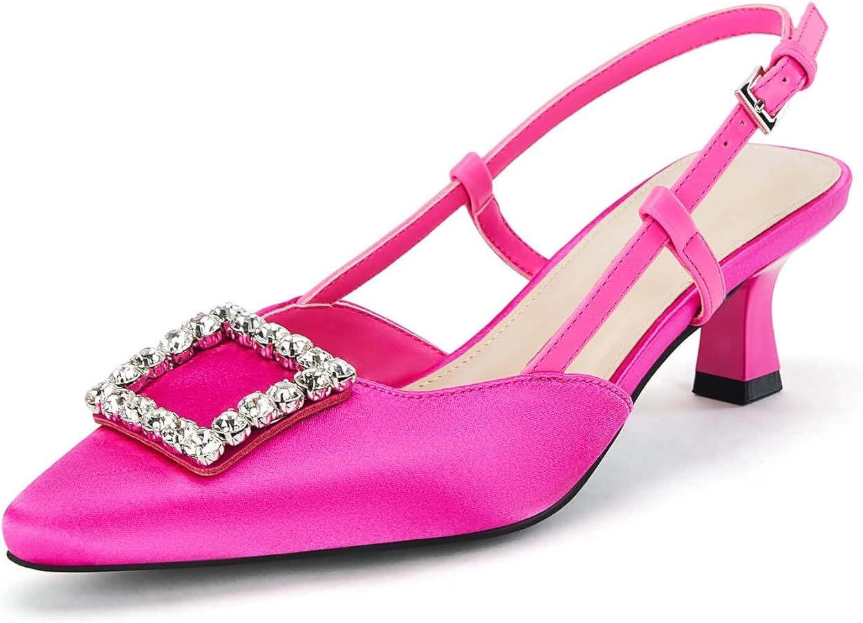 Coutgo Womens Slingback Low Kitten Heels Pumps Closed Pointed Toe Rhinestone Wedding Dress Shoes | Amazon (US)