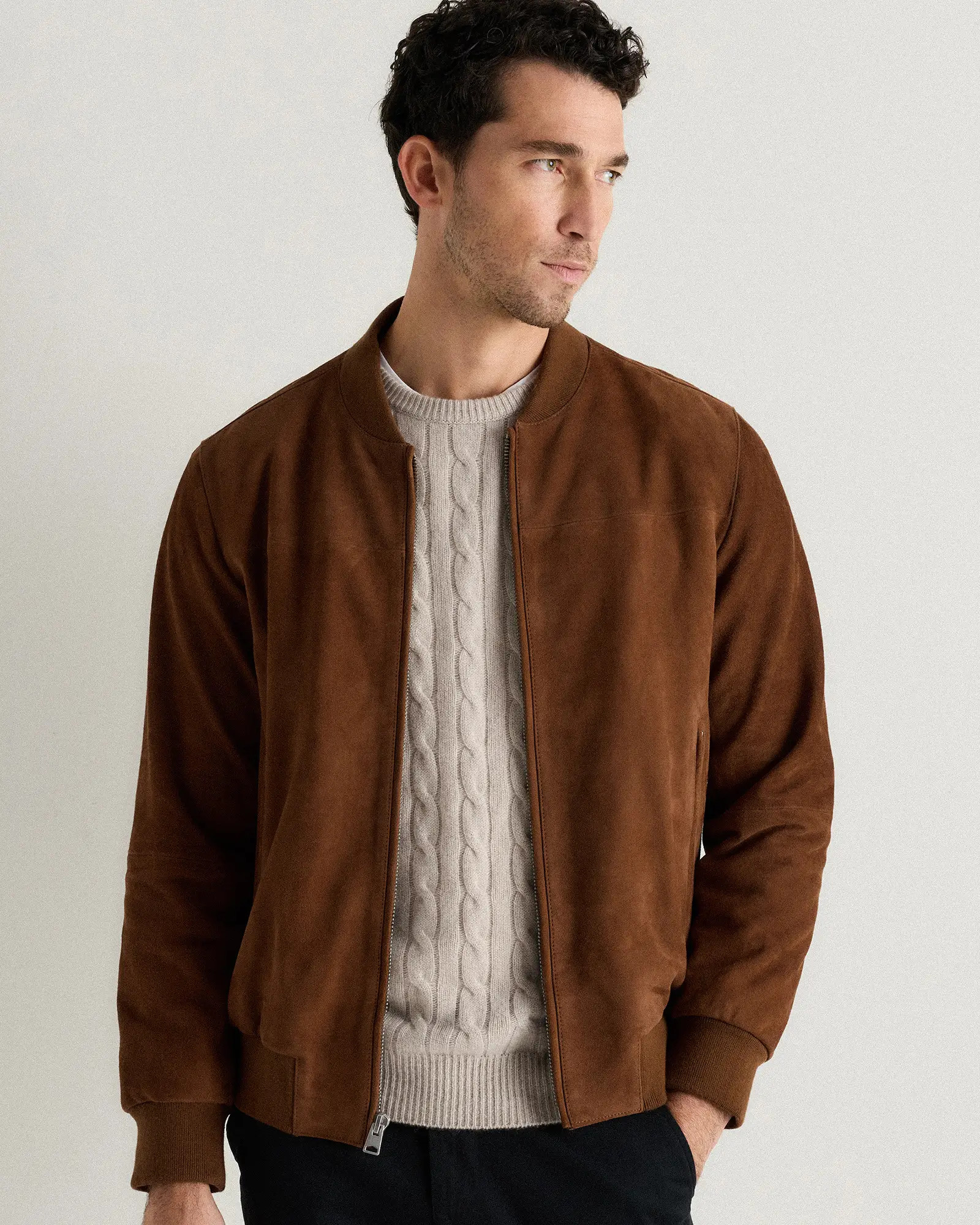 100% Suede Bomber Jacket in Dark Chestnut Brown | Quince