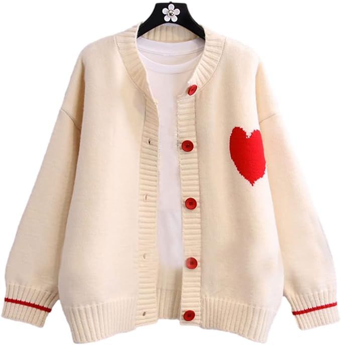 FindThy Women's Cute Cardigan Sweater Kawaii Love Heart Print Y2K Button Knitted Outerwear | Amazon (US)
