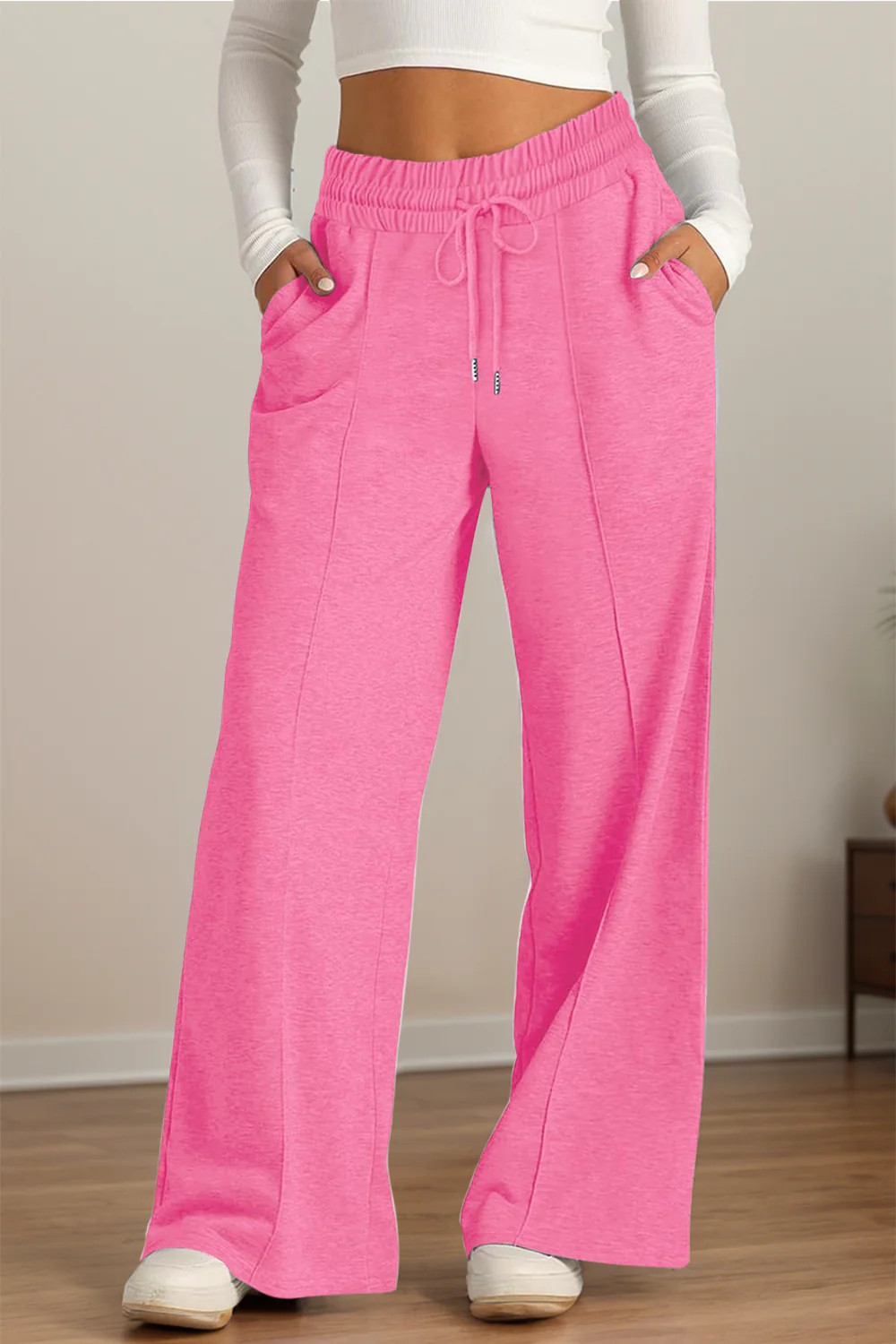 Drawstring Elastic Waist Wide Leg Pants | Fuchsia Pink / S | Casual Chic Boutique