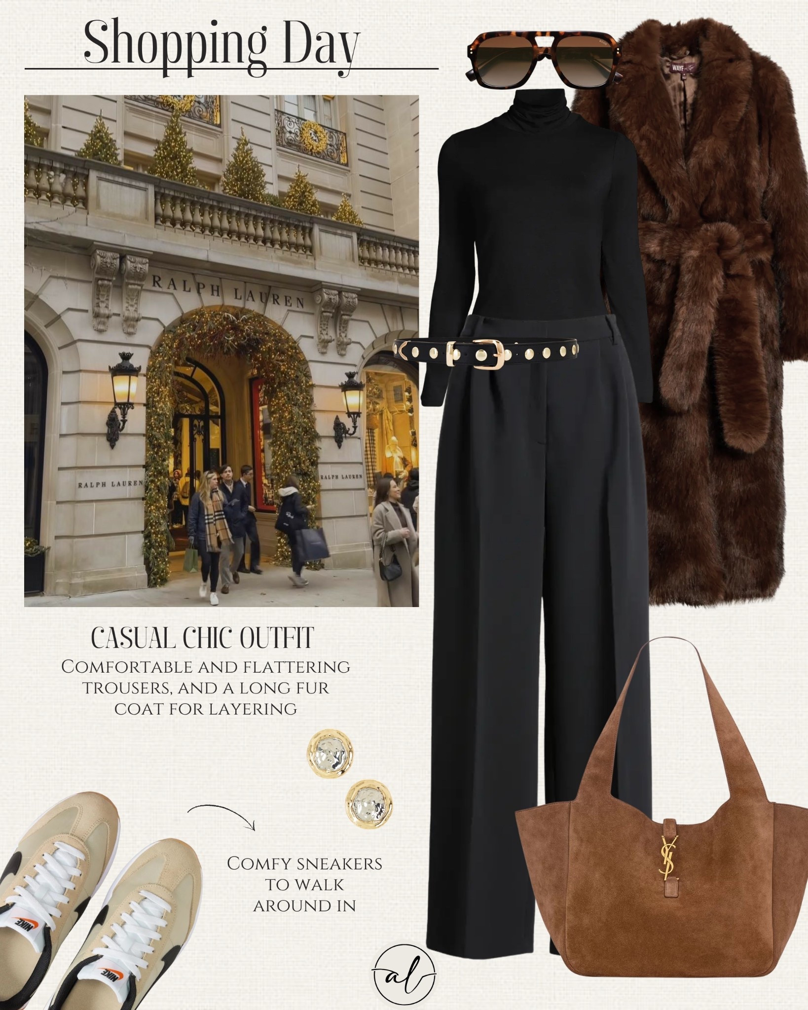 Shopping day outfit idea - casual chic outfit: comfortable and flattering trousers, and a long fur coat for layering. Comfy sneakers to walk around in 

#LTKStyleTip #LTKSeasonal #LTKU