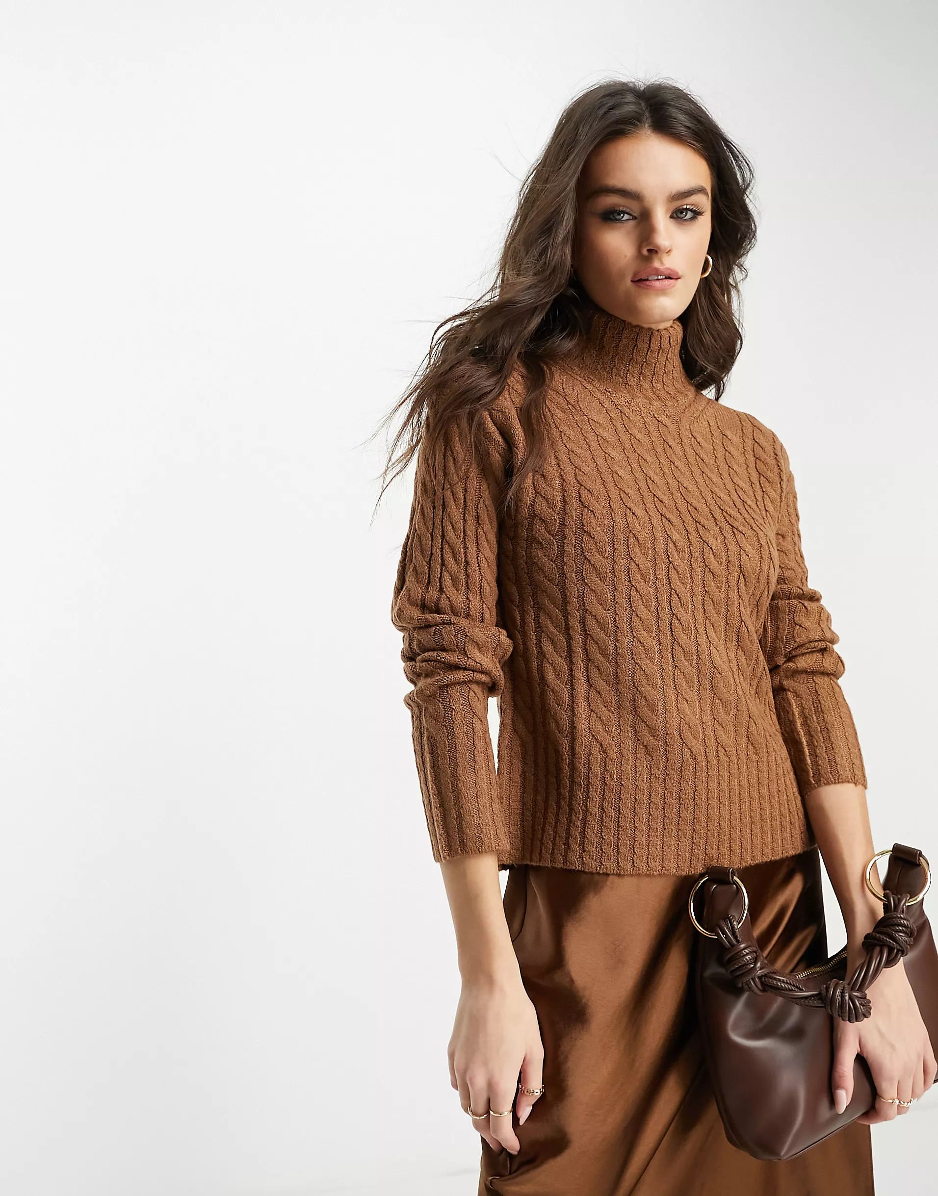 French Connection high neck cable knit jumper in 70s tan | ASOS (Global)