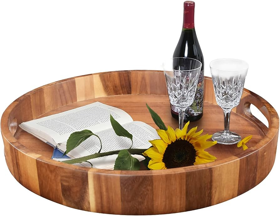 Round Wooden Serving Tray with Handles, 15¾" Large Diameter Wood Serving Trays for Ottoman, Rust... | Amazon (US)