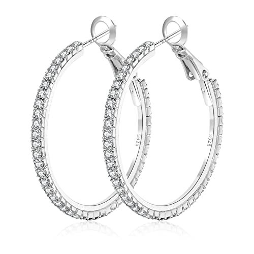 Large Rhinestone Hoop Earrings 925 Sterling Silver Post Cubic Zirconia Hoop Earrings Thin Rhinestones Round Hoop Earrings for Women Silver Hoop Earrings Sparkly Hoop Earrings with Crystals for Womens | Amazon (US)