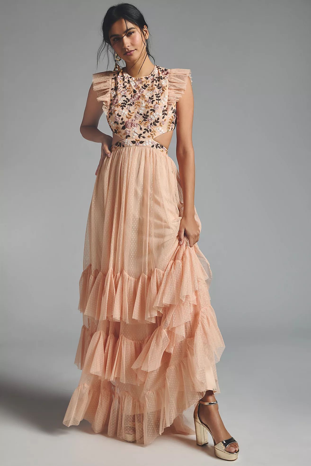 Ieena for Mac Duggal Embroidered Tiered Cutout Dress | Anthropologie (US)