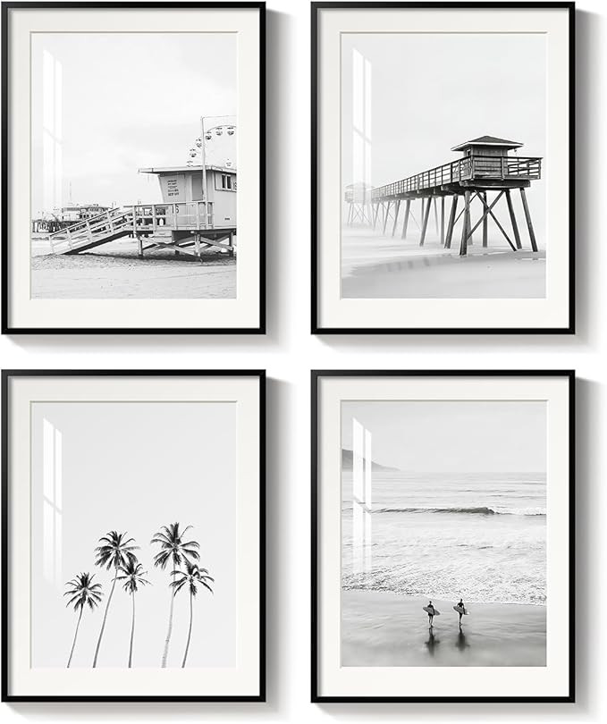 Framed Black and White Beach Wall Art, 4 Piece Coastal Photography Canvas Artworks, Ocean Wave Pa... | Amazon (US)