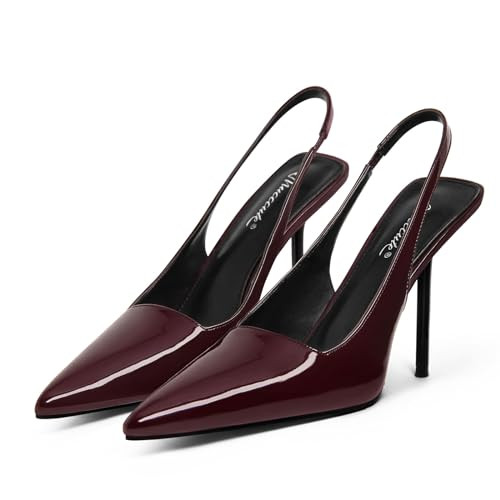 MUCCCUTE Women's Slingback Heels Closed Pointed Toe Stiletto High Heel Stretch Strap Patent Leather Slip On Pumps Shoes Burgundy 11 | Amazon (US)