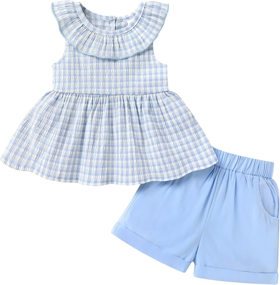 Happy Town Toddler Baby Girl Clothes Summer Sleeveless Ruffle Plaid Top Casual Shorts Set Cute 2p... | Amazon (US)