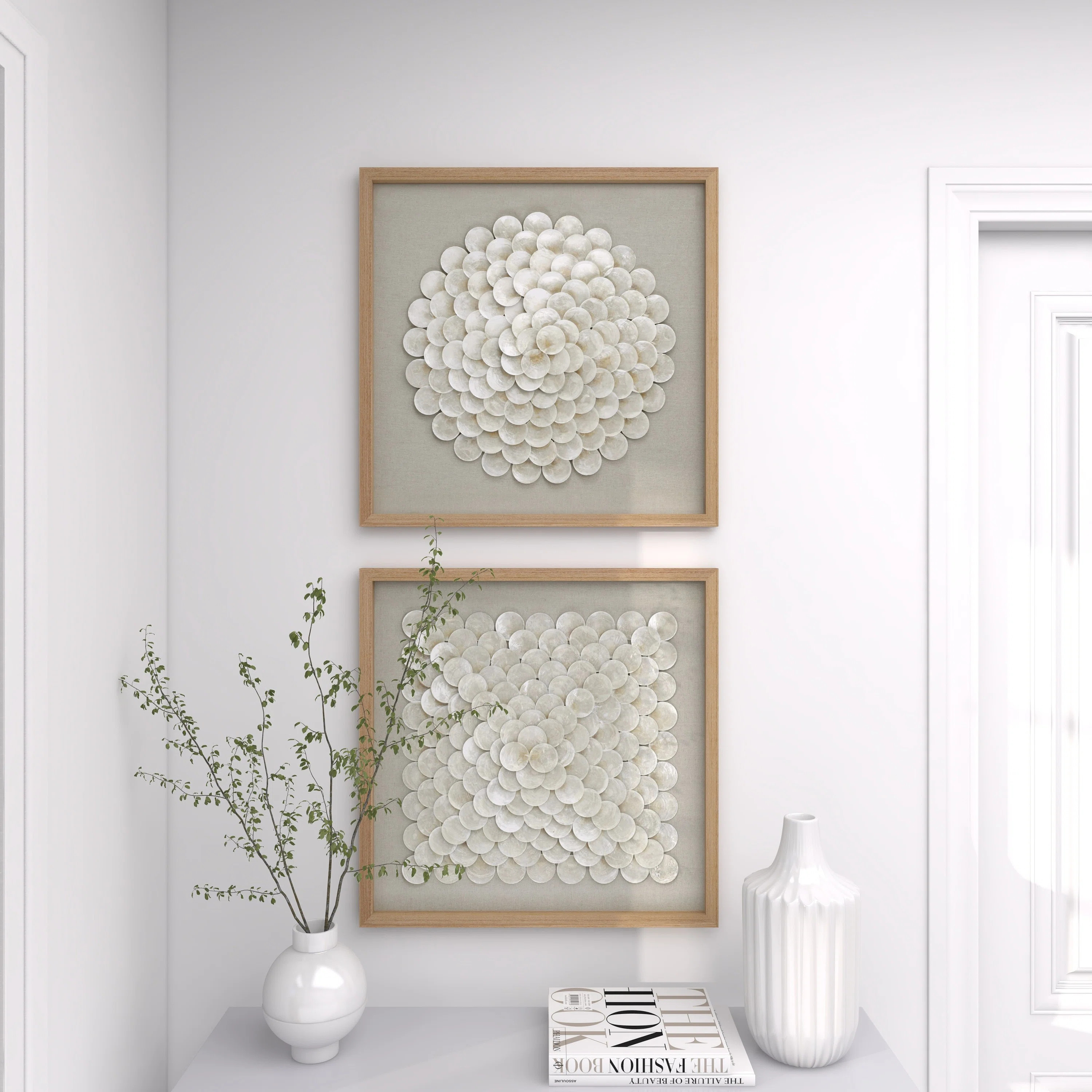 Sand & Stable™ 2 Piece Cream Shell Handmade Overlapping Shells Geometric Shadow Box with Canvas... | Wayfair North America