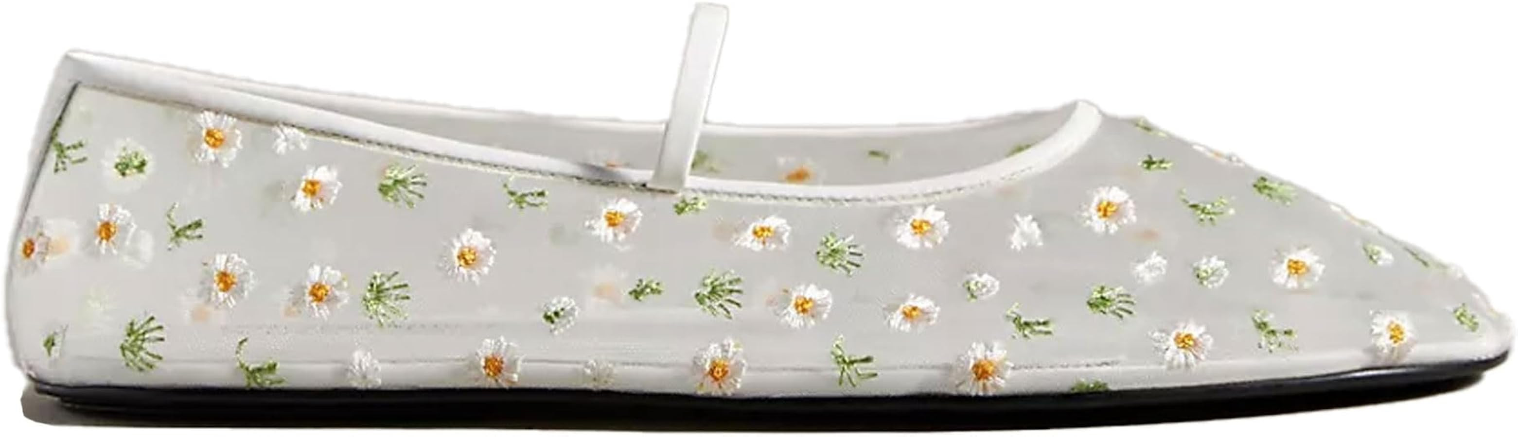Nude Mesh Ballet Flats for Women Embroidered Floral Round Toe Mary Jane Flats Casual Comfortable ... | Amazon (US)