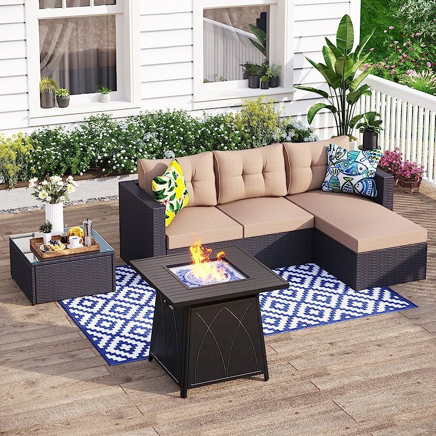 MFSTUDIO 4 Pieces Patio Furniture Set with Fire Pit Table, Outdoor Sectional Wicker Patio Sofa Se... | Amazon (US)
