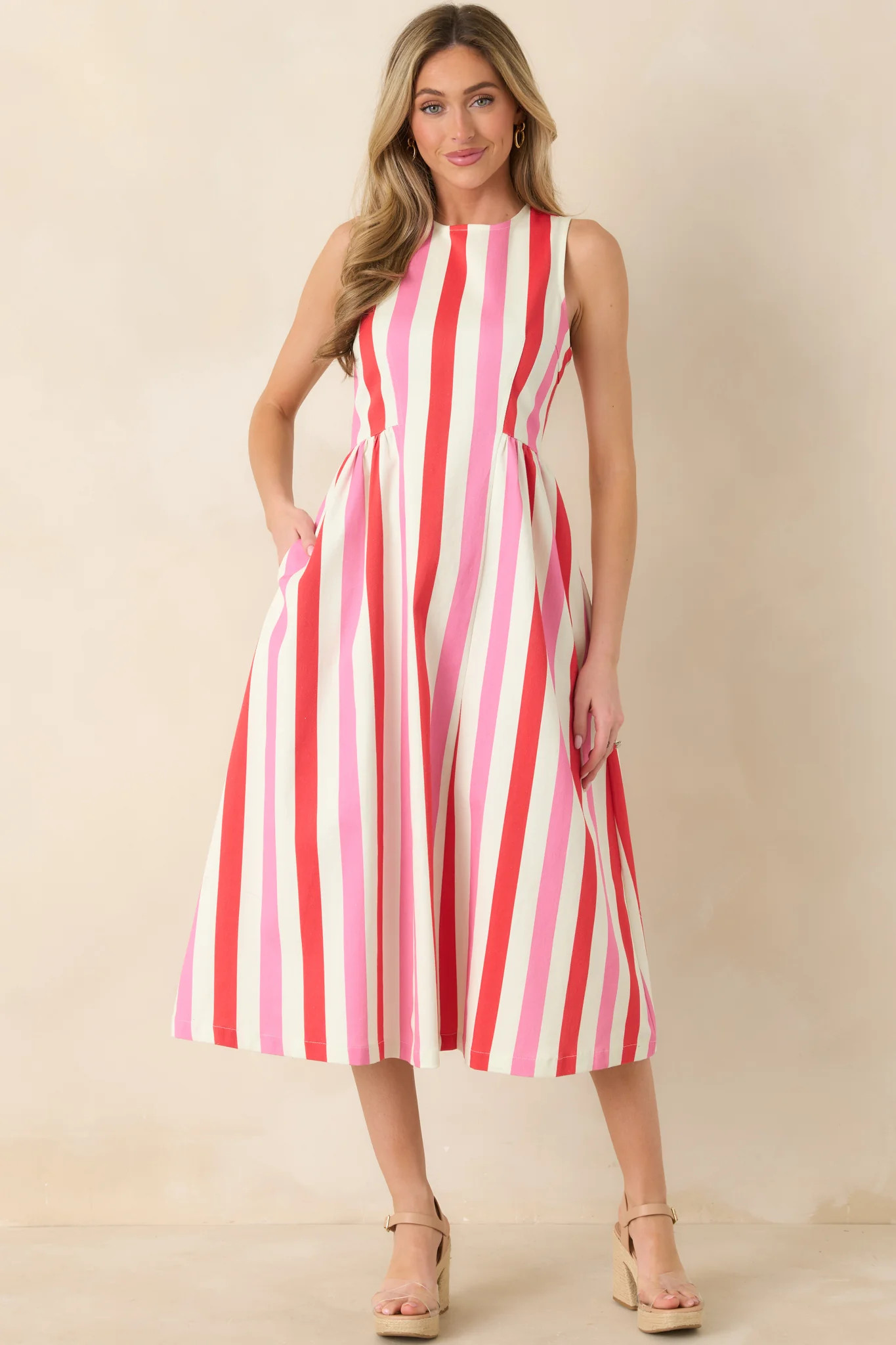 All the Energy Pink Multi Stripe Cotton Sleeveless Midi Dress | Red Dress