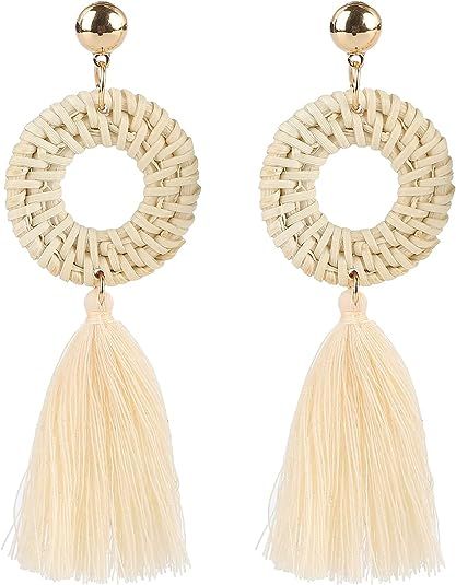 Baoqin Rattan Tassels Earrings For Women – Boho Wicker Woven Handmade Earrings for Women Girls | Amazon (US)