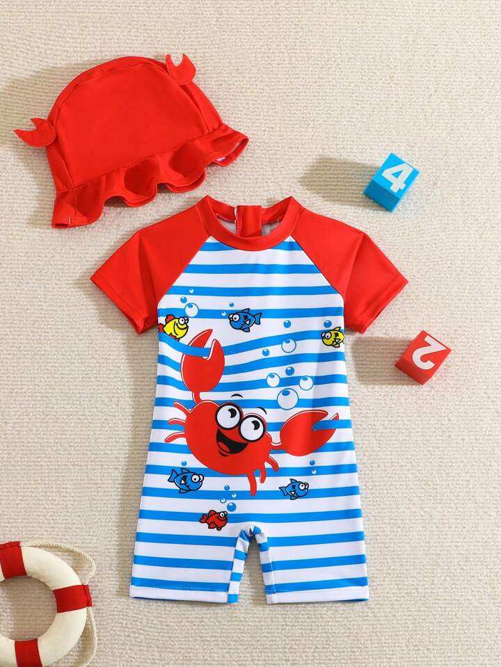 Baby Boy Striped & Cartoon Graphic One Piece Swimsuit With Swim Cap | SHEIN USA | SHEIN