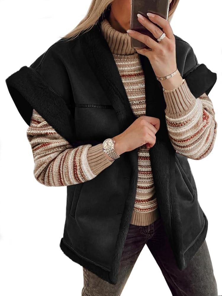 Cicy Bell Womens Suede Sherpa Vest Faux Fur Shearling Jacket Oversized Cap Sleeve Button Down Win... | Amazon (US)