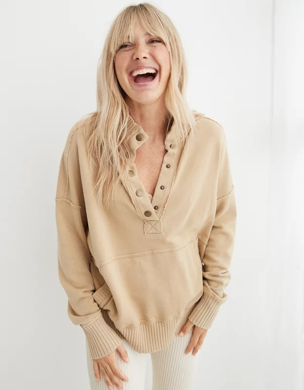 Aerie Oh Snap! Weekend Henley Mockneck Sweatshirt | American Eagle Outfitters (US & CA)