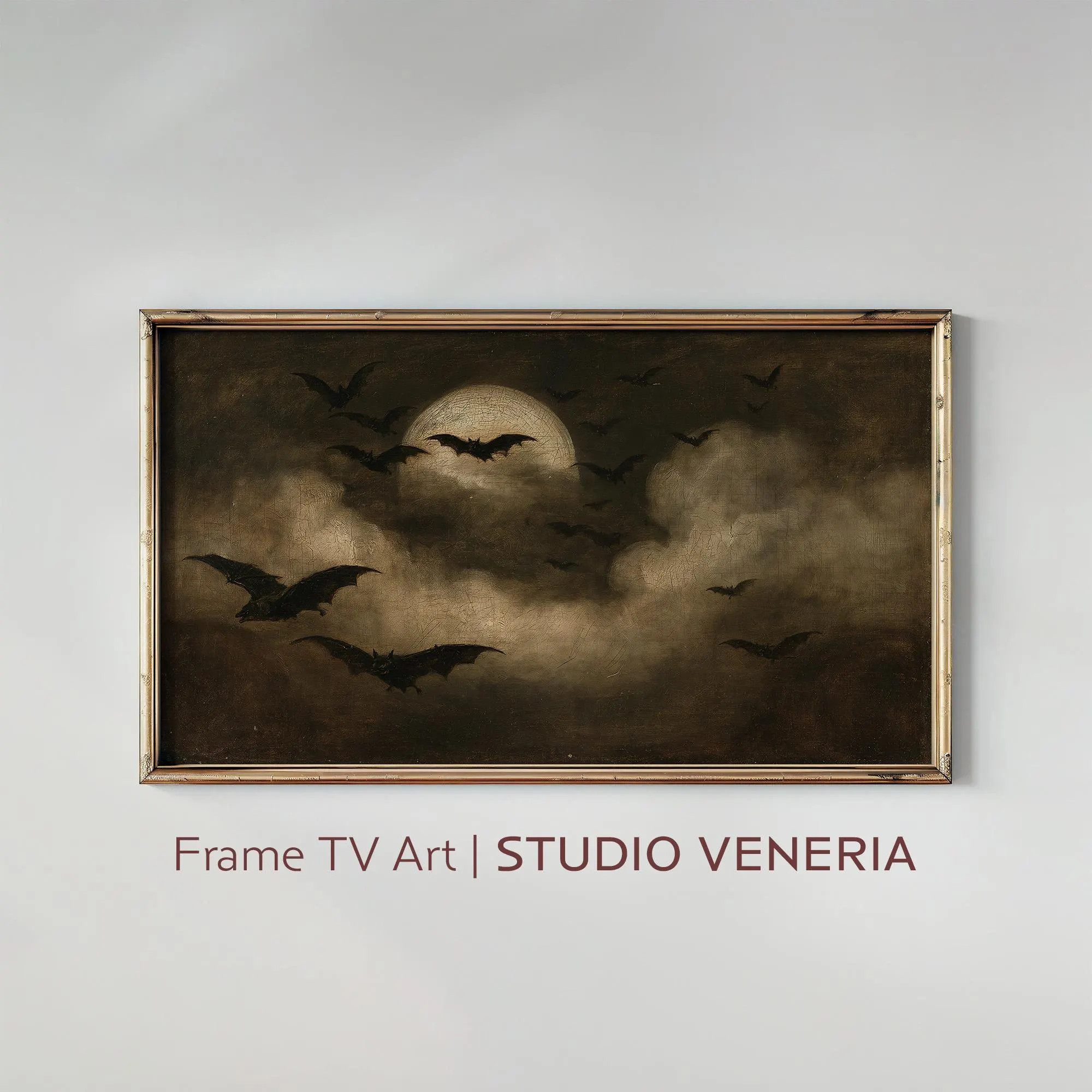 Bat Frame TV Art, Flying Bats Under Full Moon, Vintage Gothic Halloween Painting | Etsy (Global)
