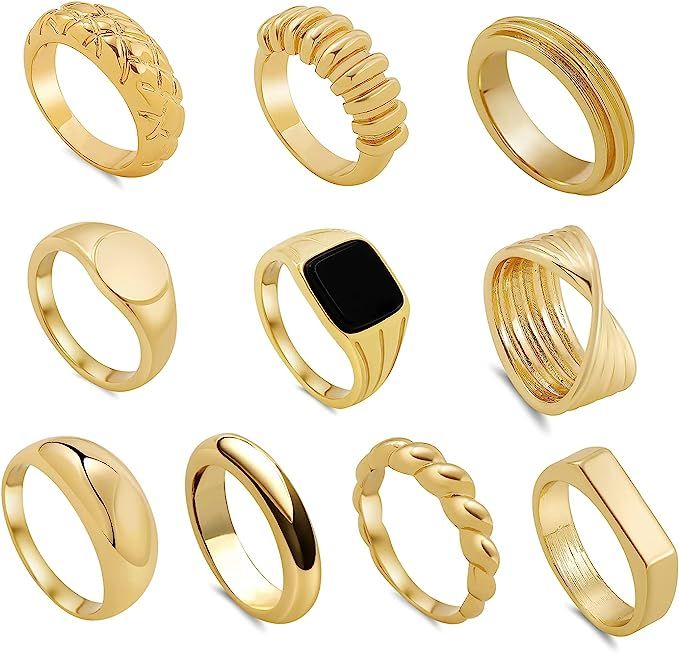 sloong 10pcs Classic Chunky Dome Ring Set 14k Gold Plated Ring Signet Ring Stacking Band Ring Tre... | Amazon (US)