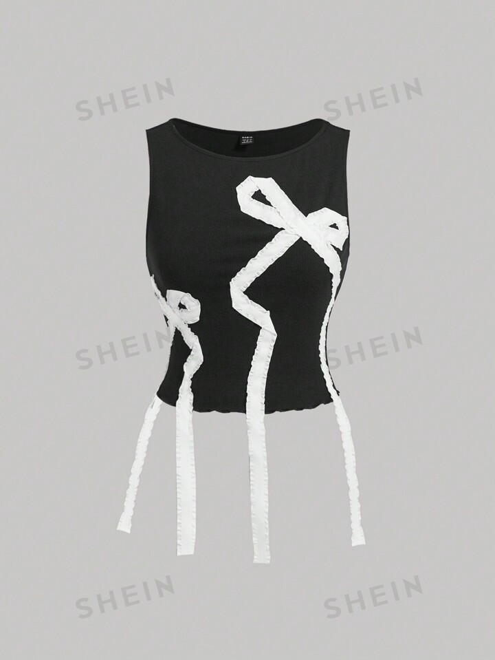 SHEIN MOD Black Stretchy Knit White Contrast Binding Bowknot Halter Neckline Women Tank Top | SHE... | SHEIN