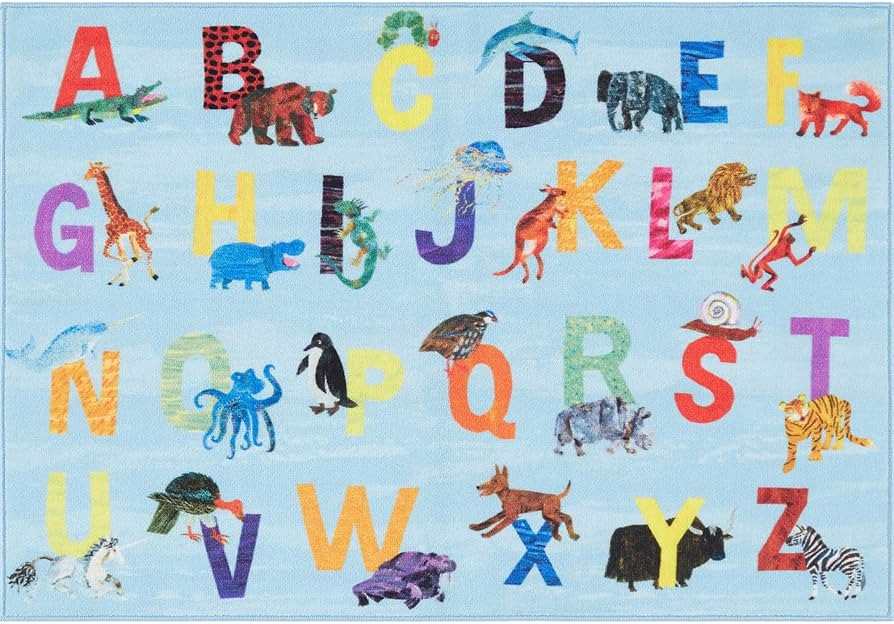 Eric Carle Elementary Blue Alphabet Kids Machine Washable Area Rug Blue/Orange, 6'6"x9'5" | Amazon (US)