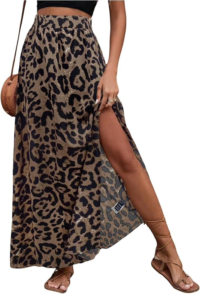 SweatyRocks Women's Boho Leopard Print Split Long Skirt High Waist A Line Skirts with Slit | Amazon (US)