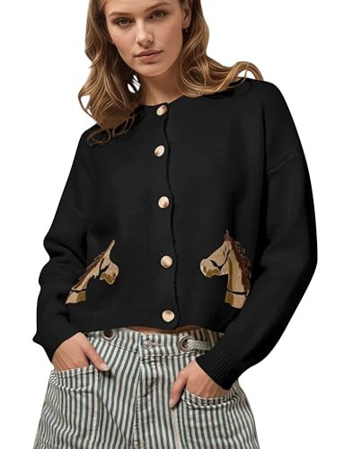 Navonta Womens Cropped Horse Cardigan Button Down Crewneck Long Sleeve Graphic Printed Knitted Sweater Trendy Casual Black | Amazon (US)