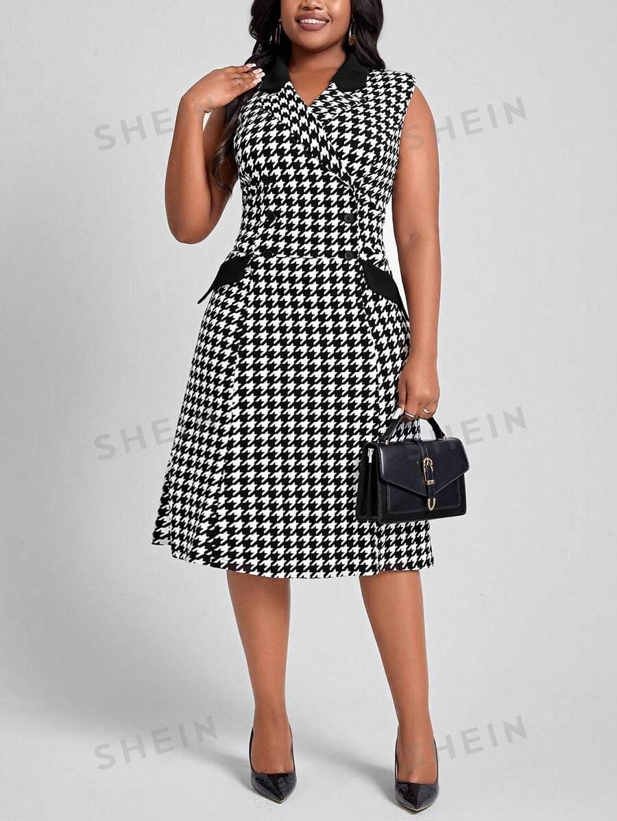 SHEIN Lady Plus Size Houndstooth Pattern Sleeveless Dress With Lapel Collar And Double Breasted F... | SHEIN