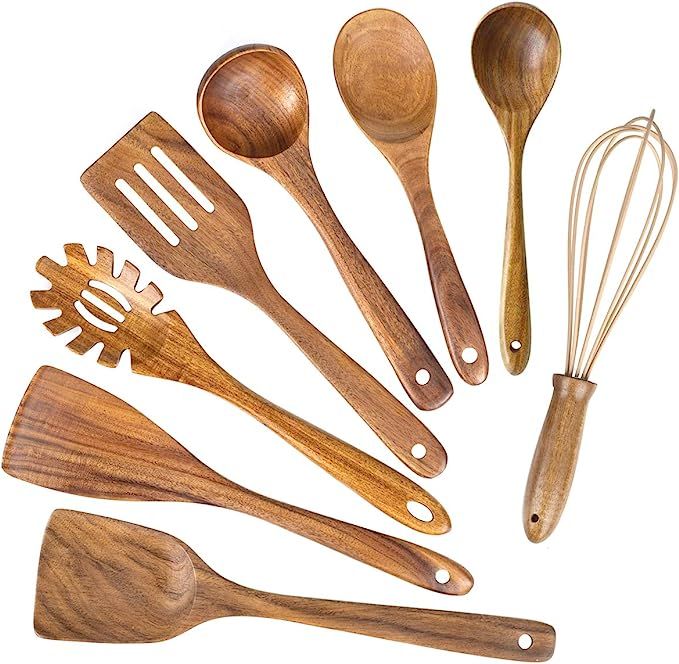 Wooden Kitchen Utensils for Cooking,Natural Teak Wood Utensil Set,Wooden Spoons for Cooking Nonst... | Amazon (US)