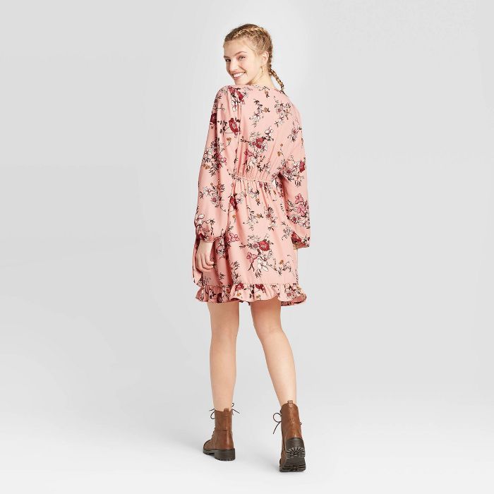 Women's Floral Print Long Sleeve V-Neck Wrap Mini Dress - Xhilaration™ Blush | Target