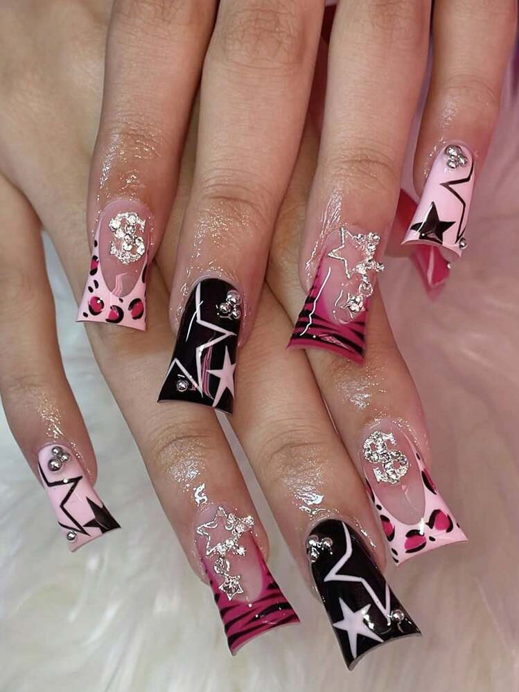 Y2K 24pcs Medium Duck Bill Shaped False Nails With Green Cow & Rhinestone Designs, Suitable For Daily & Party Wear For Women Press On Nails Nail Supplies | SHEIN