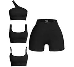 OQQ Women's 4 Piece Outfits Ribbed Seamless Exercise Scoop Neck Sports Bra One Shoulder Tops High... | Amazon (US)