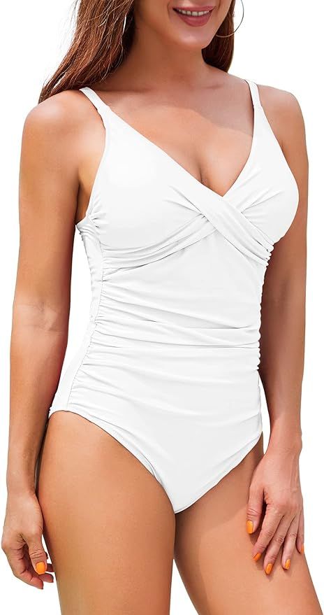 Annbon Women's Tummy Control One Piece Swimsuits V-Neck Bathing Suit with Front Wrap for Push Up | Amazon (US)