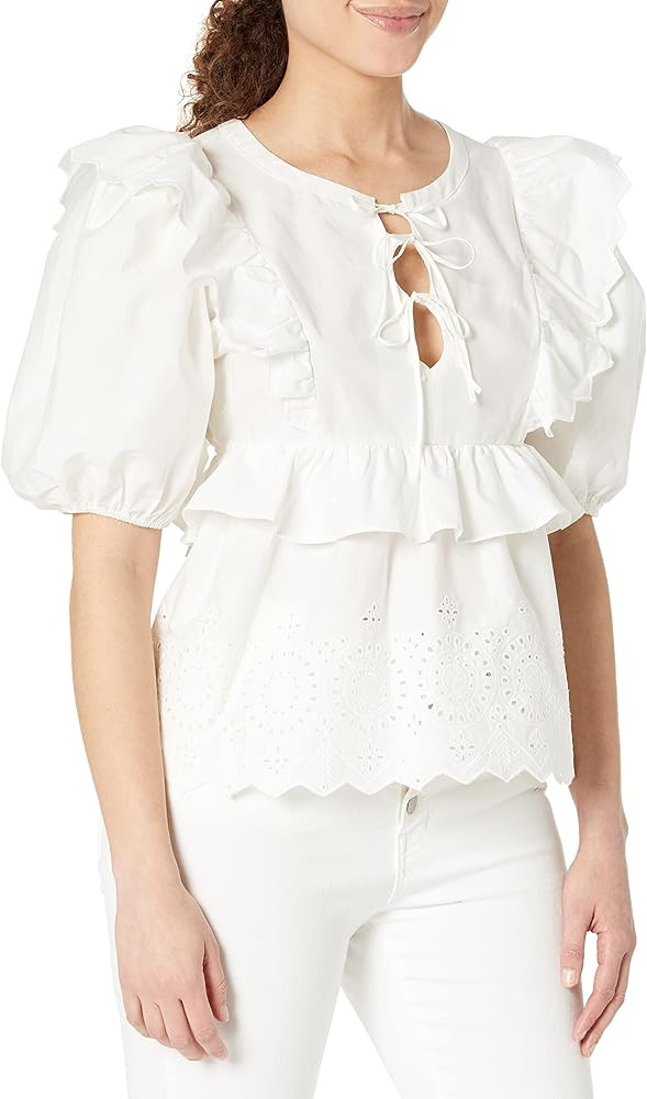 Women's TIE Front Puff Sleeve Shirred TOP, White | Amazon (US)