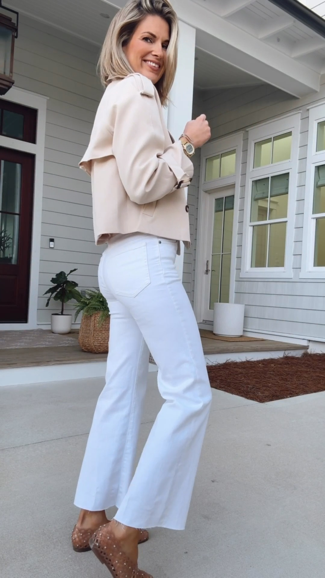 POV: 40 years later you’re wearing jelly shoes again.  I am 5’11” wearing 27 tall white jeans. Small tops.  Shoes true to size.  Date night outfit.  

#LTKTall #LTKOver40 #LTKootd