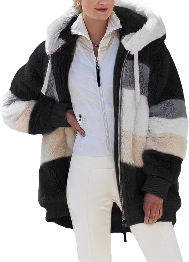 Dokotoo Womens 2023 Winter Fuzzy Fleece Jacket Hooded Color Block Patchwork Cardigan Coats Outerwear | Amazon (US)