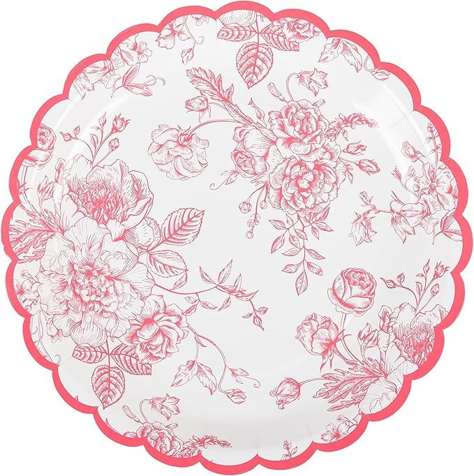 Floral Party Plates Floral Leaf Scalloped Disposable Paper Plates Pink and White Toile 9" Dinner ... | Amazon (US)
