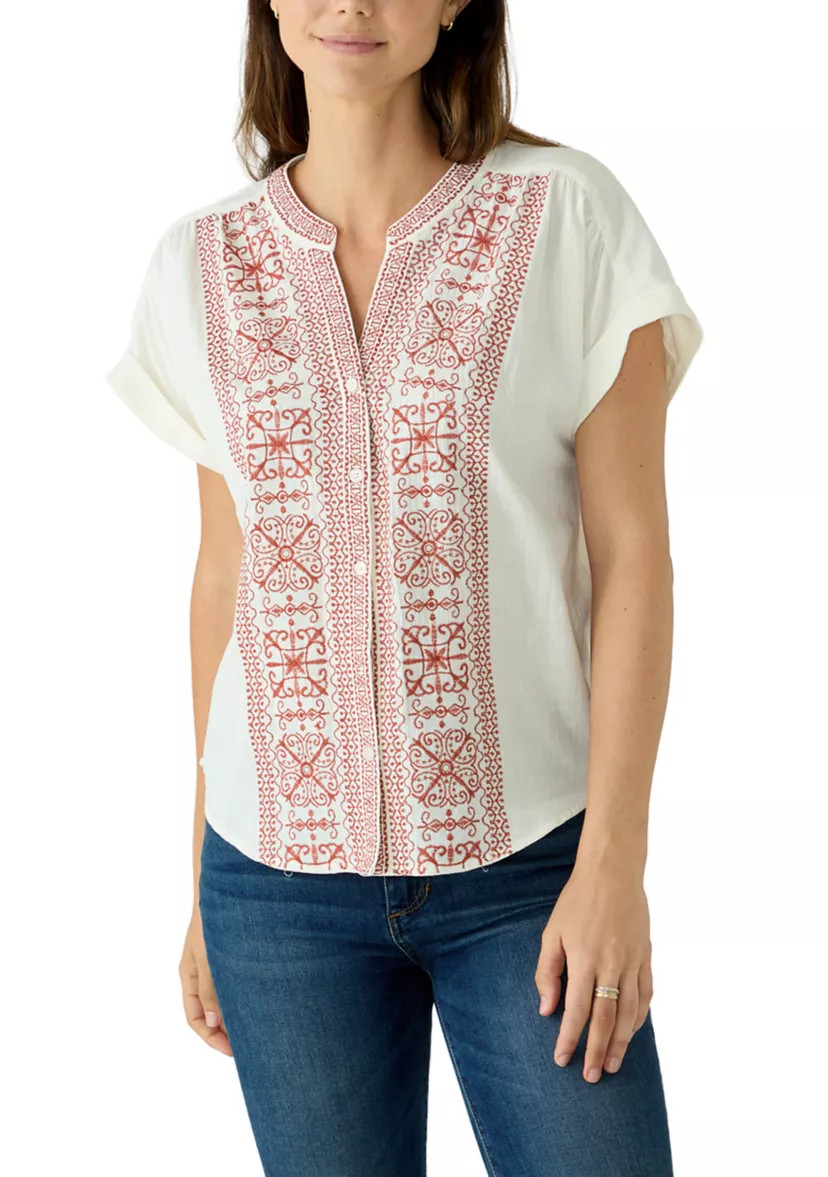 Women's Short Dolman Sleeve Embroidered Button Front Top | Belk